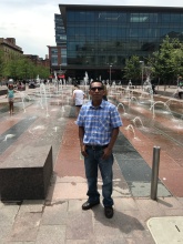 Lázaro at the fountains outside of Union Station in Denver.